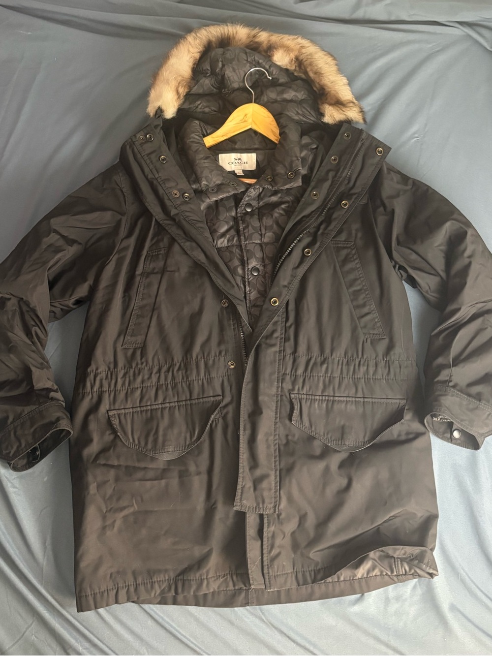 Coach Men's Black Puffer Parka with Faux Fur Trim Hood